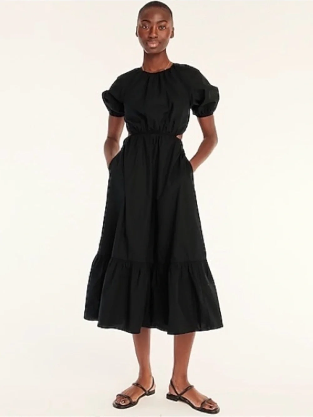J. Crew Black Puff-Sleeve Cutout Midi Dress